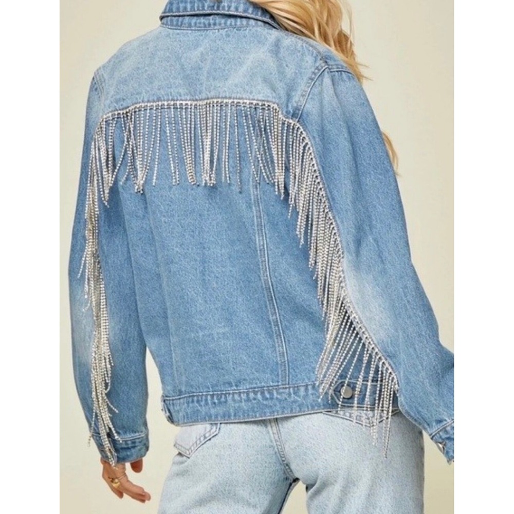 Andree by Unit Women Blue Rhinestone Fringe Denim Jacket Medium Wash 19902 Large